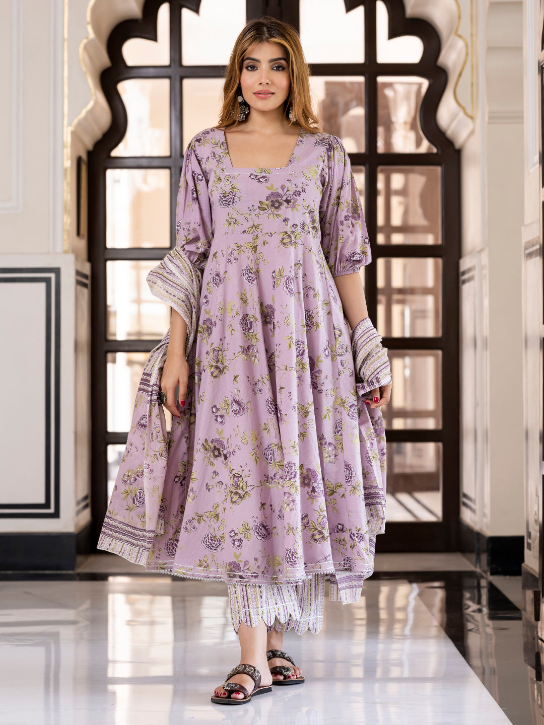 Jaitpuriya Women Mauve Pure Cotton Anarkali Kurta Bottom Dupatta set