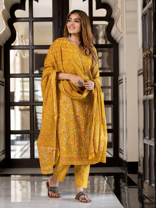 Jaitpuriya Women Yellow Pure Cotton Straight Kurta Bottom Dupatta set