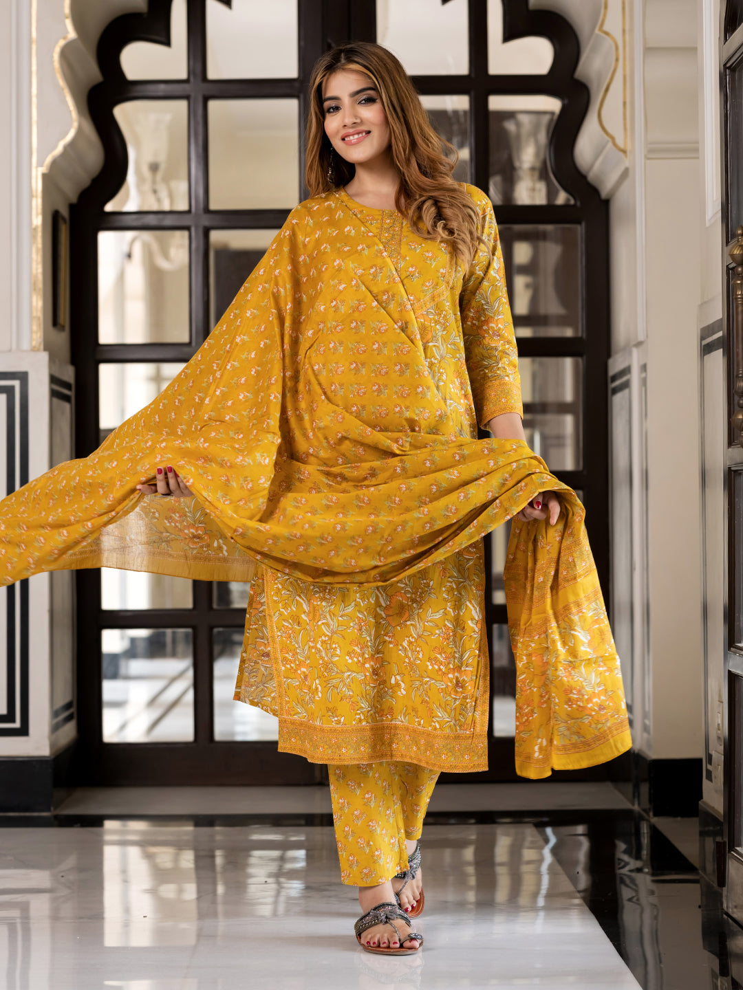 Jaitpuriya Women Yellow Pure Cotton Straight Kurta Bottom Dupatta set