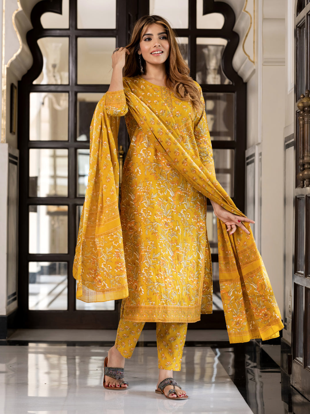 Jaitpuriya Women Yellow Pure Cotton Straight Kurta Bottom Dupatta set