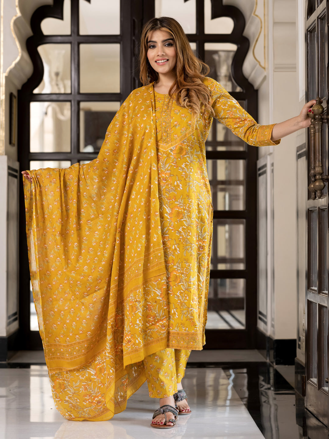 Jaitpuriya Women Yellow Pure Cotton Straight Kurta Bottom Dupatta set