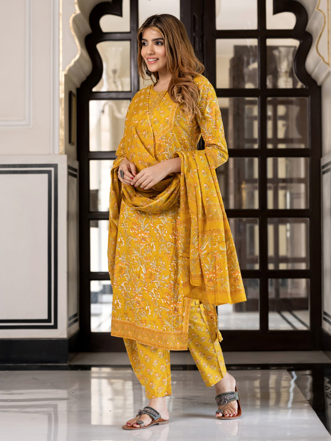 Jaitpuriya Women Yellow Pure Cotton Straight Kurta Bottom Dupatta set