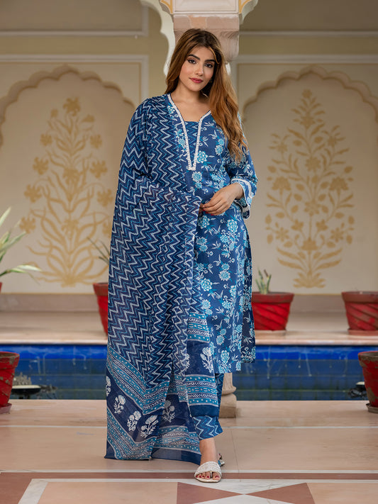 Jaitpuriya Women Blue Pure Cotton Straight Kurta bottom Dupatta set