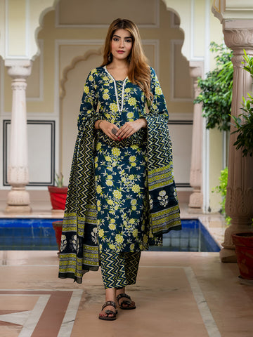 Jaitpuriya Women Teal Blue Pure Cotton Straight Kurta bottom Dupatta set
