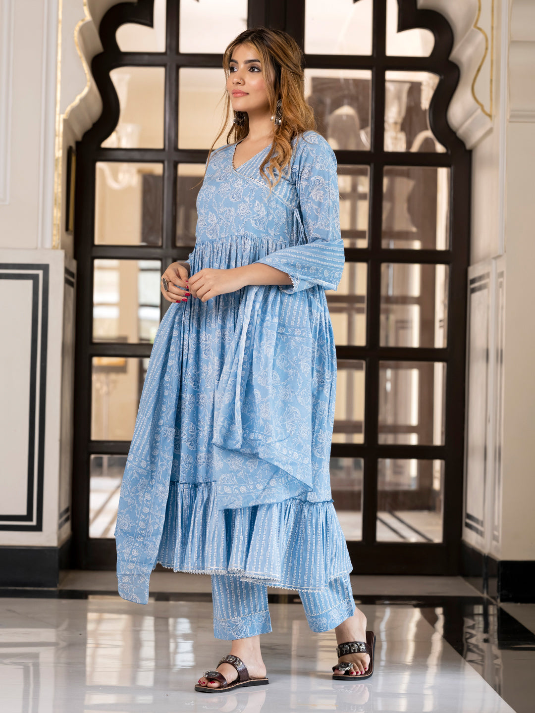 Jaitpuriya Women Blue Pure Cotton Anarkali Kurta Bottom Dupatta set