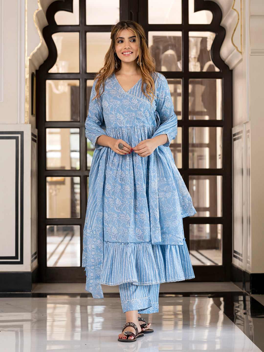 Jaitpuriya Women Blue Pure Cotton Anarkali Kurta Bottom Dupatta set