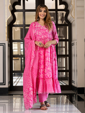 Jaitpuriya Women Pink Pure Cotton Anarkali Kurta Bottom Dupatta set