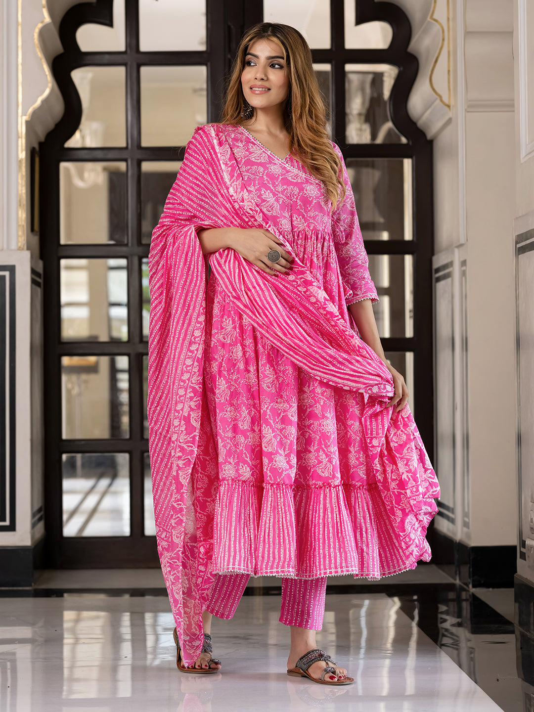Jaitpuriya Women Pink Pure Cotton Anarkali Kurta Bottom Dupatta set