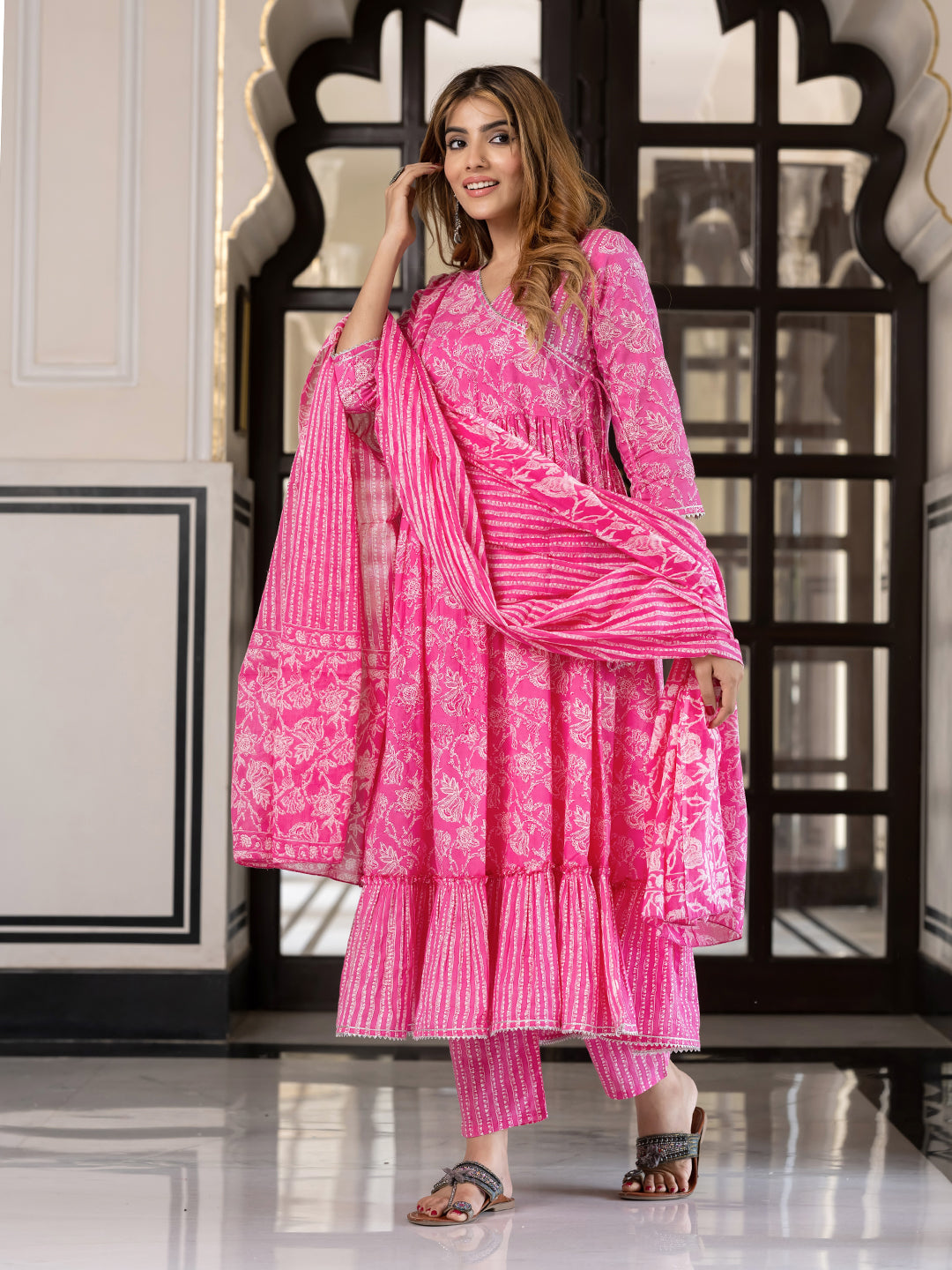 Jaitpuriya Women Pink Pure Cotton Anarkali Kurta Bottom Dupatta set