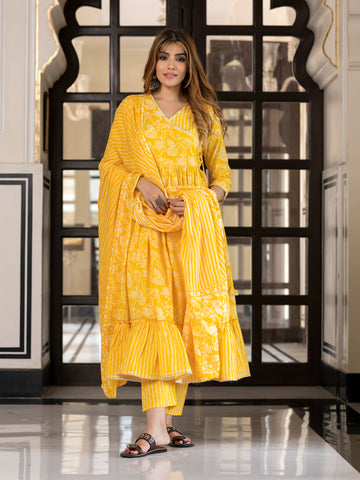 Jaitpuriya Women Yellow Pure Cotton Anarkali Kurta Bottom Dupatta set
