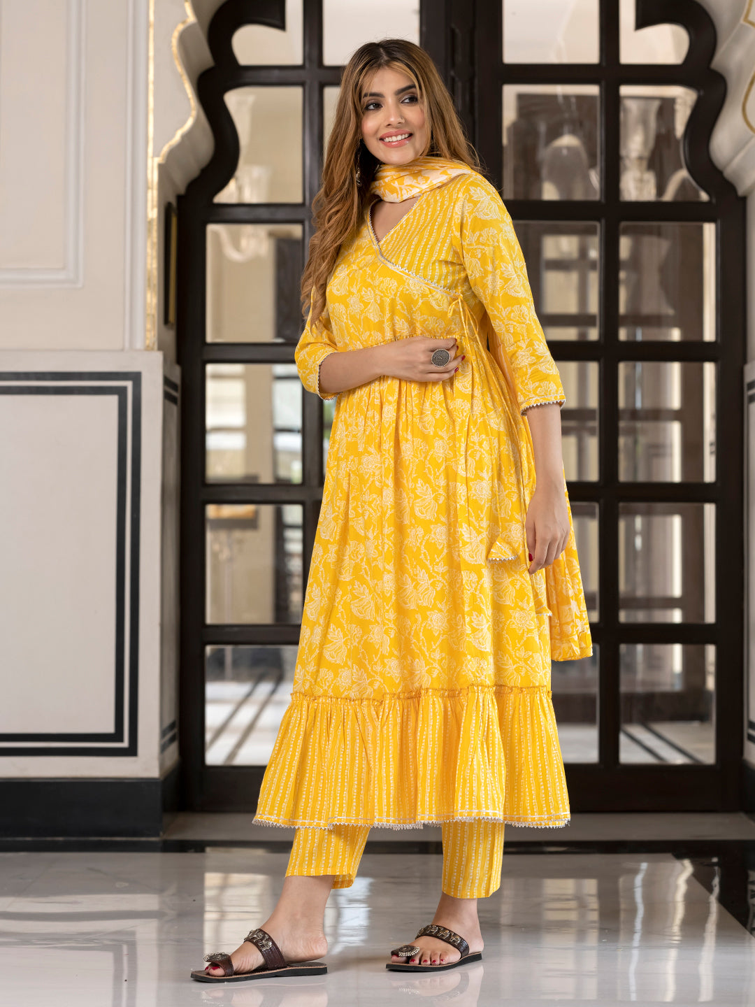 Jaitpuriya Women Yellow Pure Cotton Anarkali Kurta Bottom Dupatta set