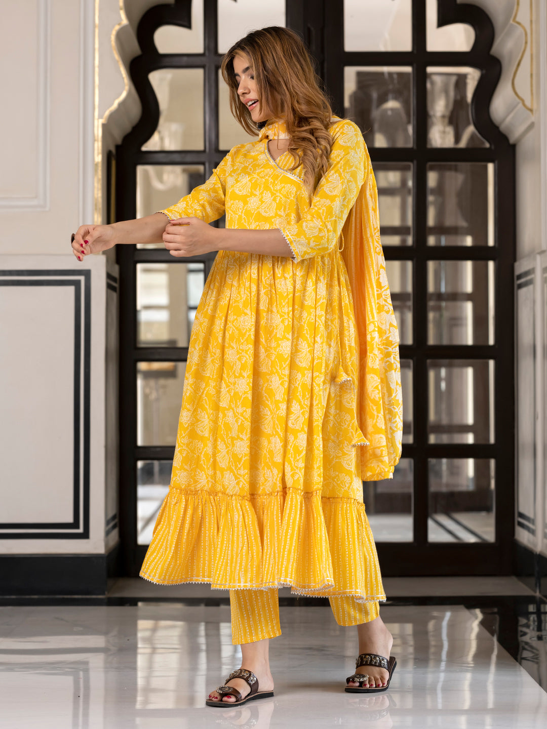 Jaitpuriya Women Yellow Pure Cotton Anarkali Kurta Bottom Dupatta set