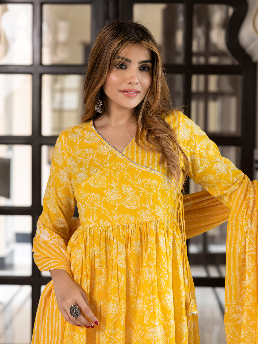 Jaitpuriya Women Yellow Pure Cotton Anarkali Kurta Bottom Dupatta set