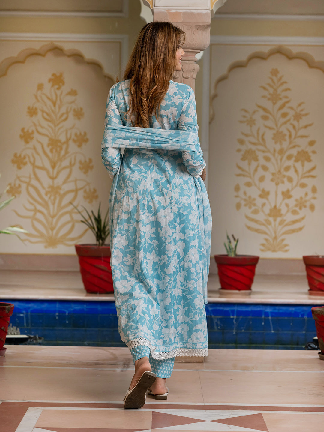 Jaitpuriya Women Blue Pure Cotton Anarkali Kurta Bottom Dupatta set