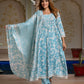 Jaitpuriya Women Blue Pure Cotton Anarkali Kurta Bottom Dupatta set