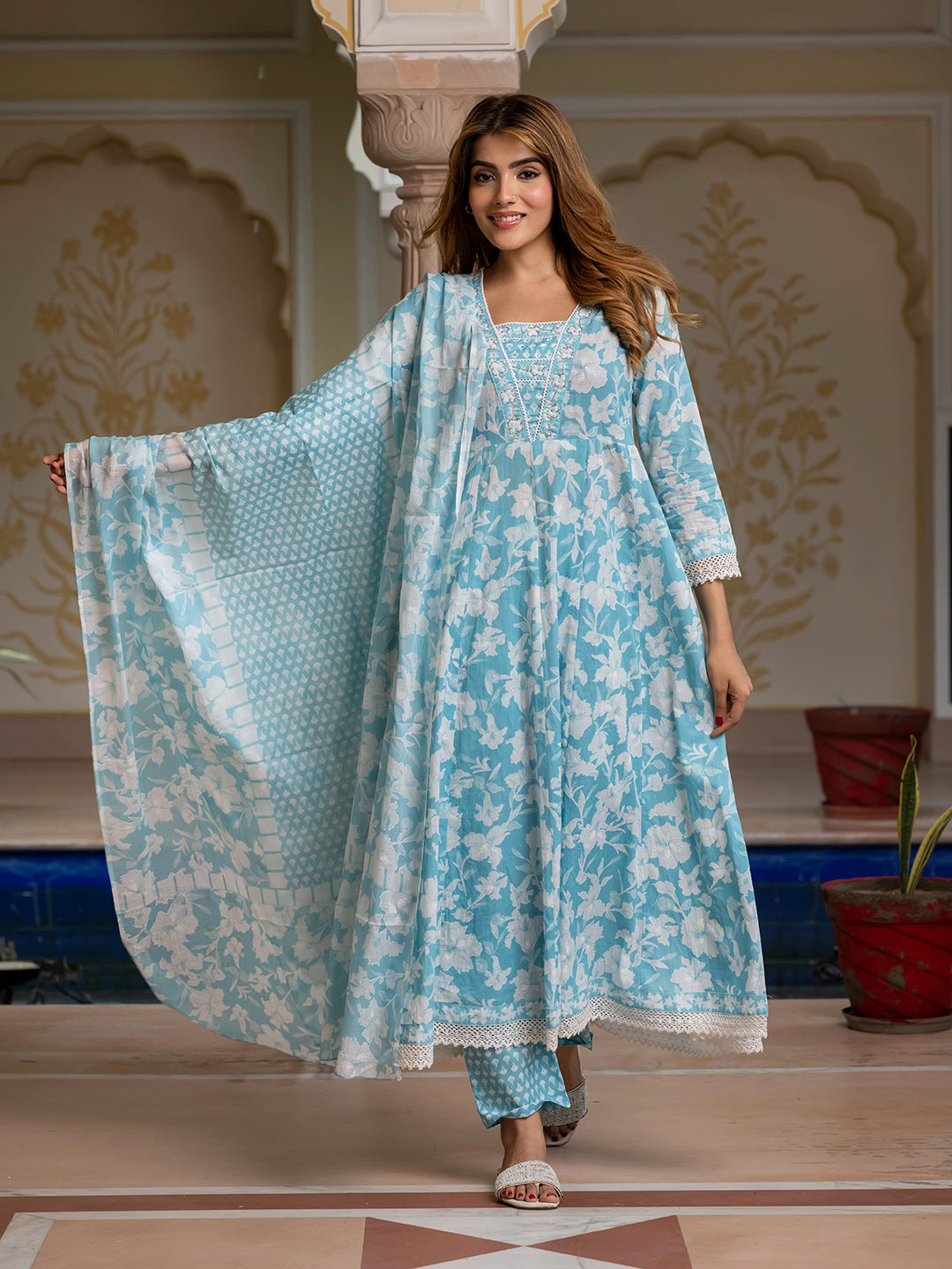 Jaitpuriya Women Blue Pure Cotton Anarkali Kurta Bottom Dupatta set
