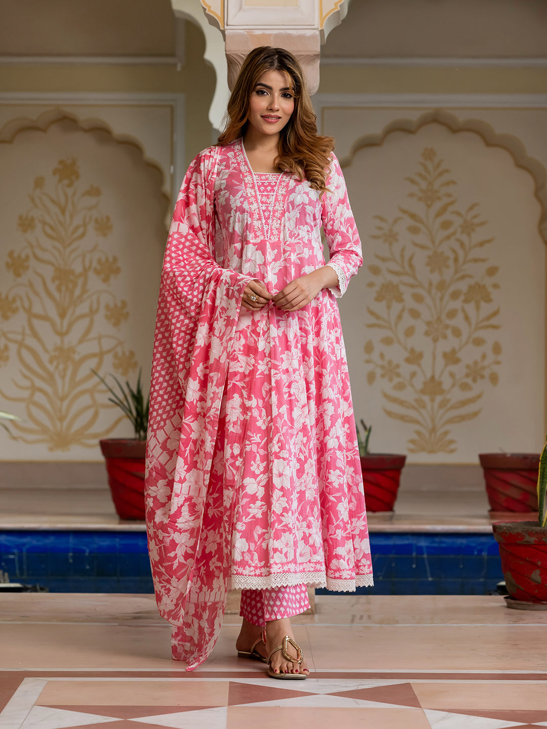 Jaitpuriya Women Pink Pure Cotton Anarkali Kurta Bottom Dupatta set