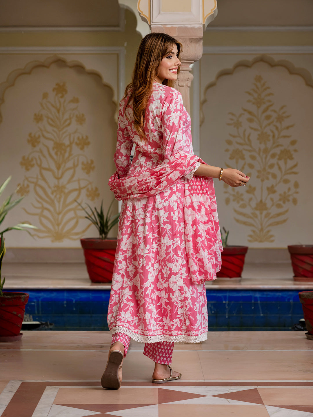 Jaitpuriya Women Pink Pure Cotton Anarkali Kurta Bottom Dupatta set