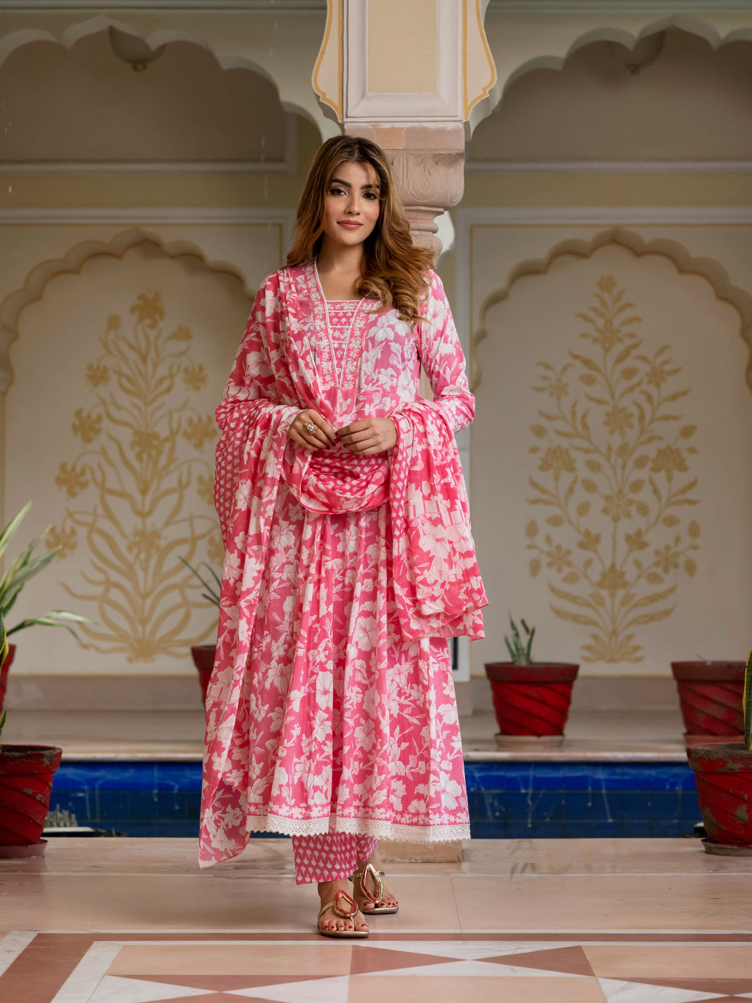 Jaitpuriya Women Pink Pure Cotton Anarkali Kurta Bottom Dupatta set