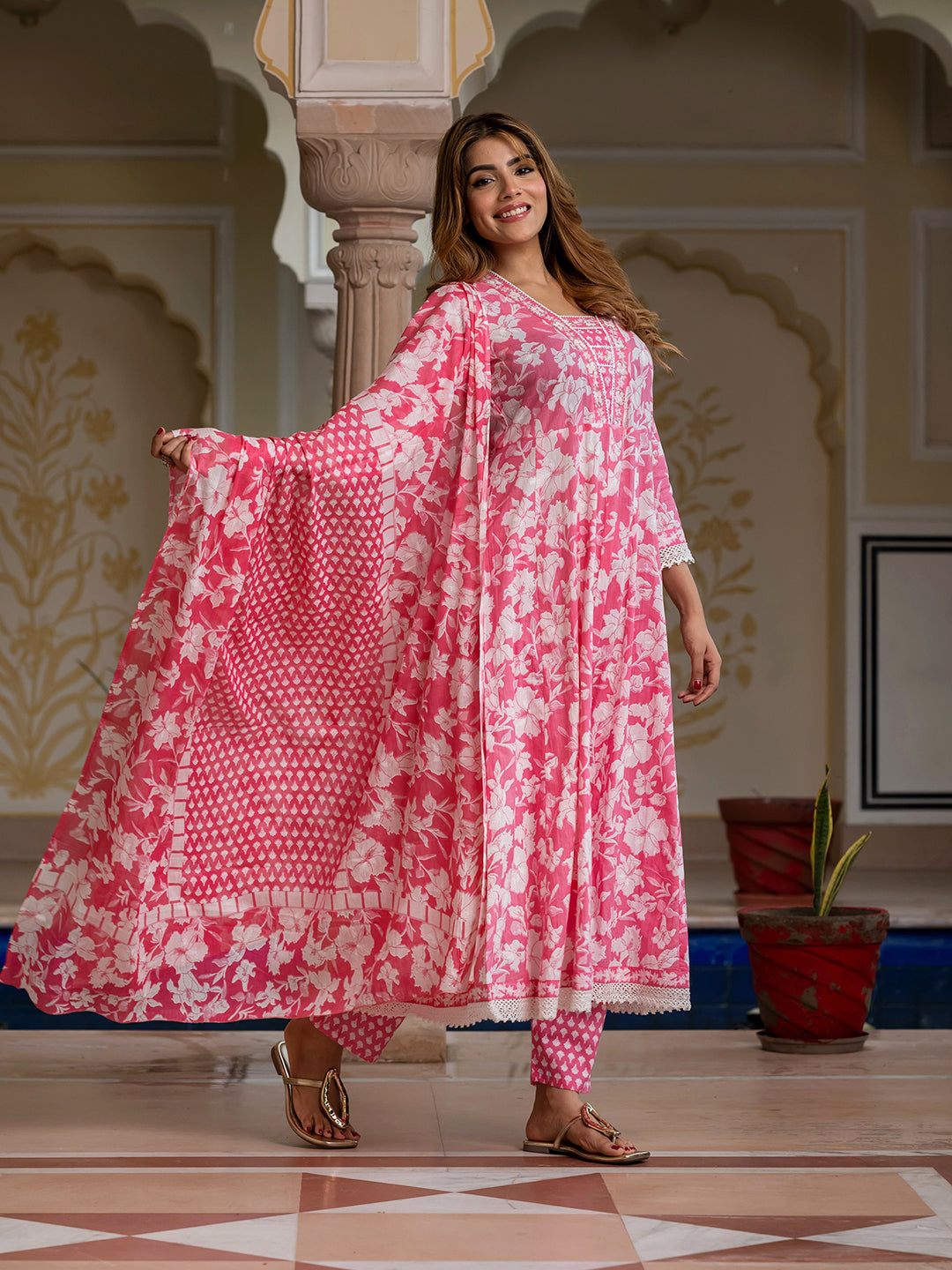 Jaitpuriya Women Pink Pure Cotton Anarkali Kurta Bottom Dupatta set