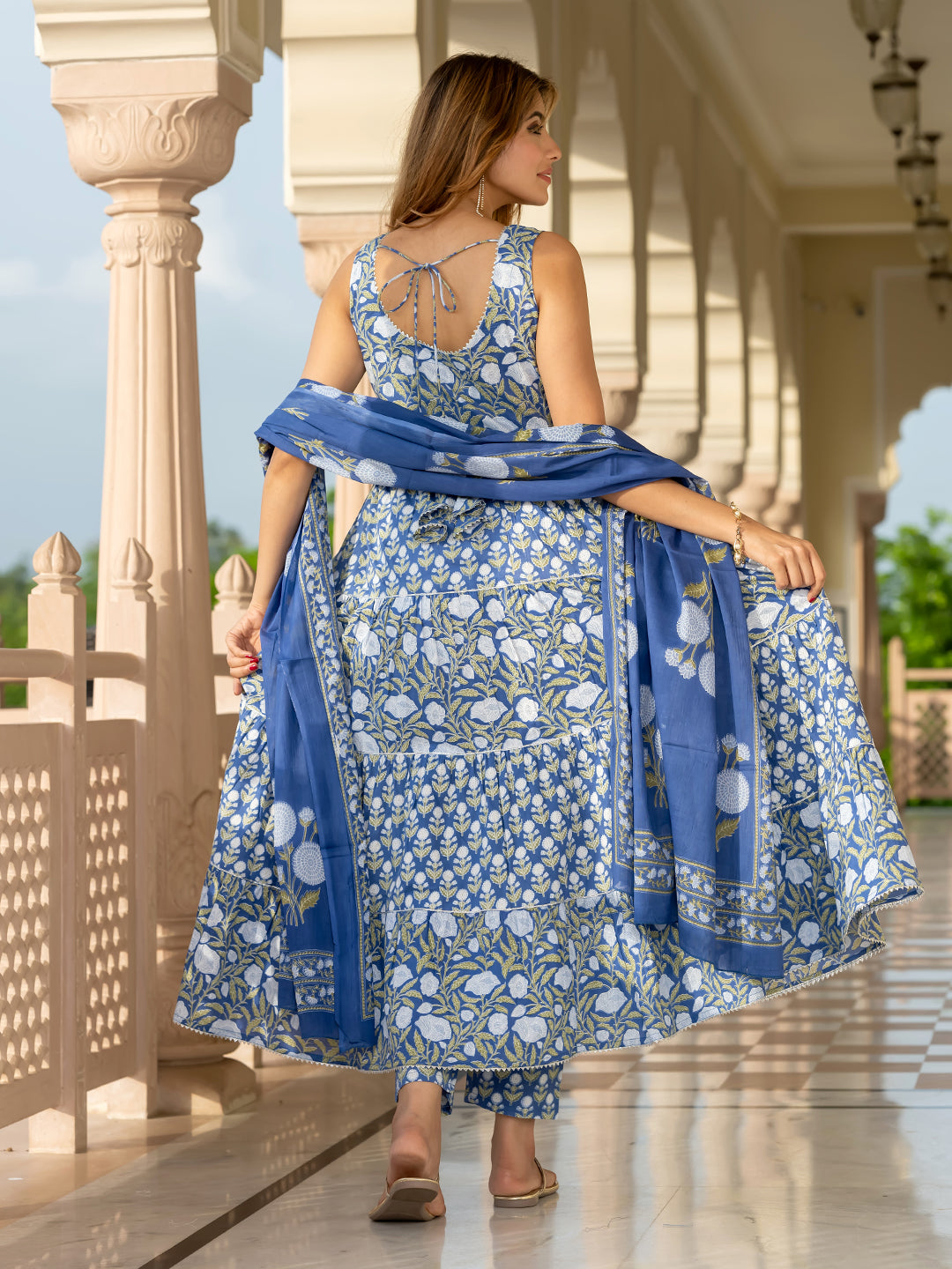 Jaitpuriya Women Navy Blue Pure Cotton Anarkali Kurta Bottom Dupatta set