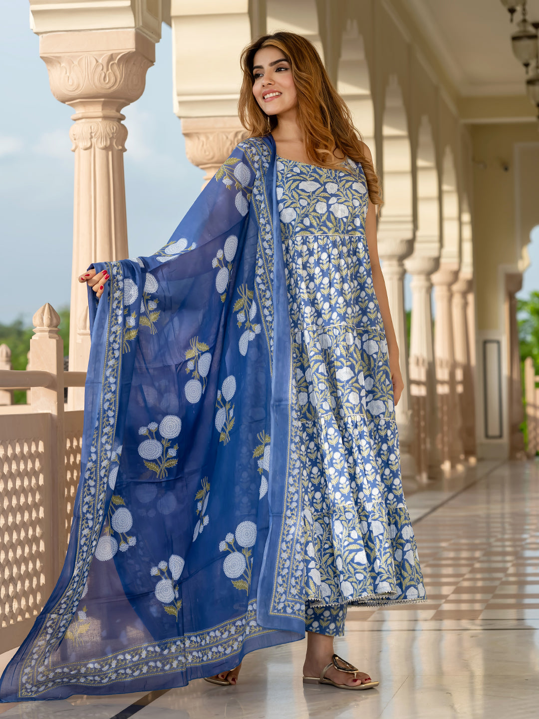 Jaitpuriya Women Navy Blue Pure Cotton Anarkali Kurta Bottom Dupatta set