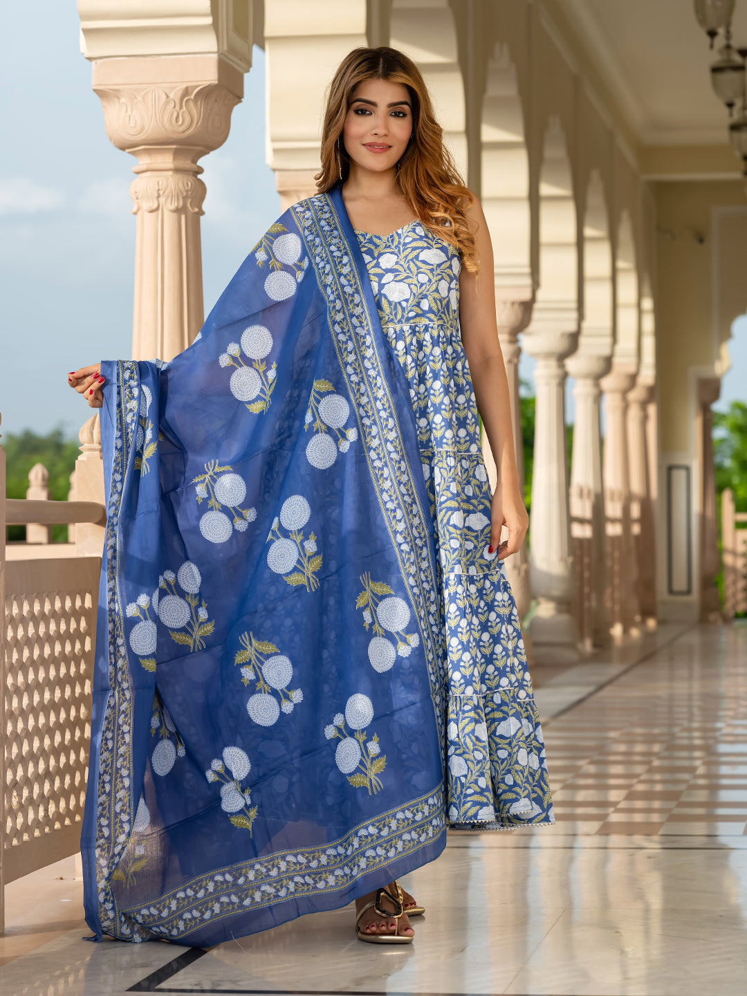 Jaitpuriya Women Navy Blue Pure Cotton Anarkali Kurta Bottom Dupatta set