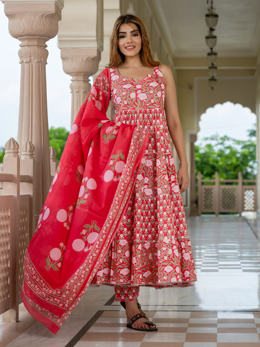 Jaitpuriya Women Pink Pure Cotton Anarkali Kurta Bottom Dupatta set