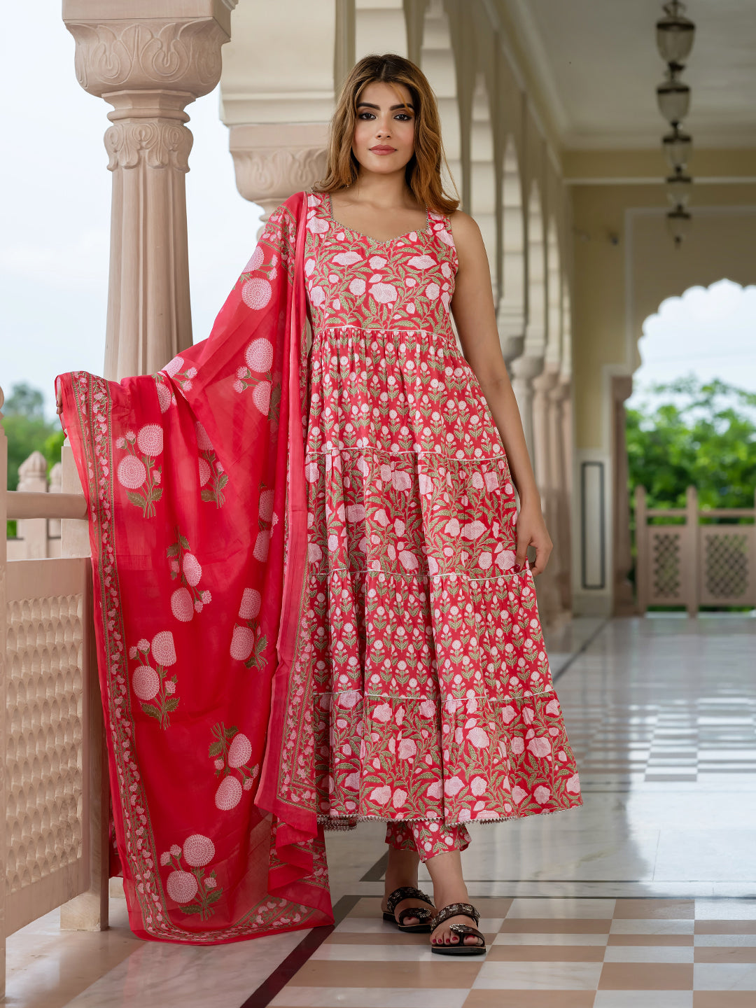 Jaitpuriya Women Pink Pure Cotton Anarkali Kurta Bottom Dupatta set