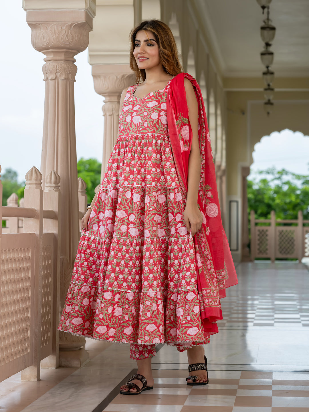 Jaitpuriya Women Pink Pure Cotton Anarkali Kurta Bottom Dupatta set