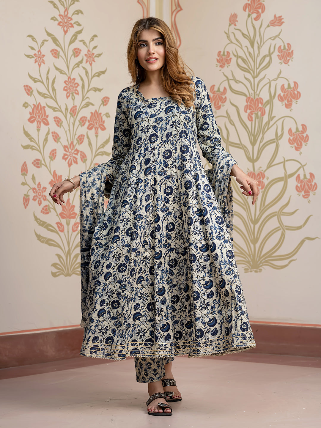 Jaitpuriya Women Cream Pure Cotton Anarkali Kurta Bottom Dupatta set