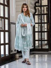 Jaitpuriya Women Green Pure Cotton Straight Kurta Bottom Dupatta set