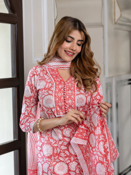 Jaitpuriya Women Red Pure Cotton Straight Kurta Bottom Dupatta set