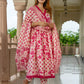 Jaitpuriya Women Pink And Cream Pure Cotton Anarkali Kurta Bottom Dupatta set
