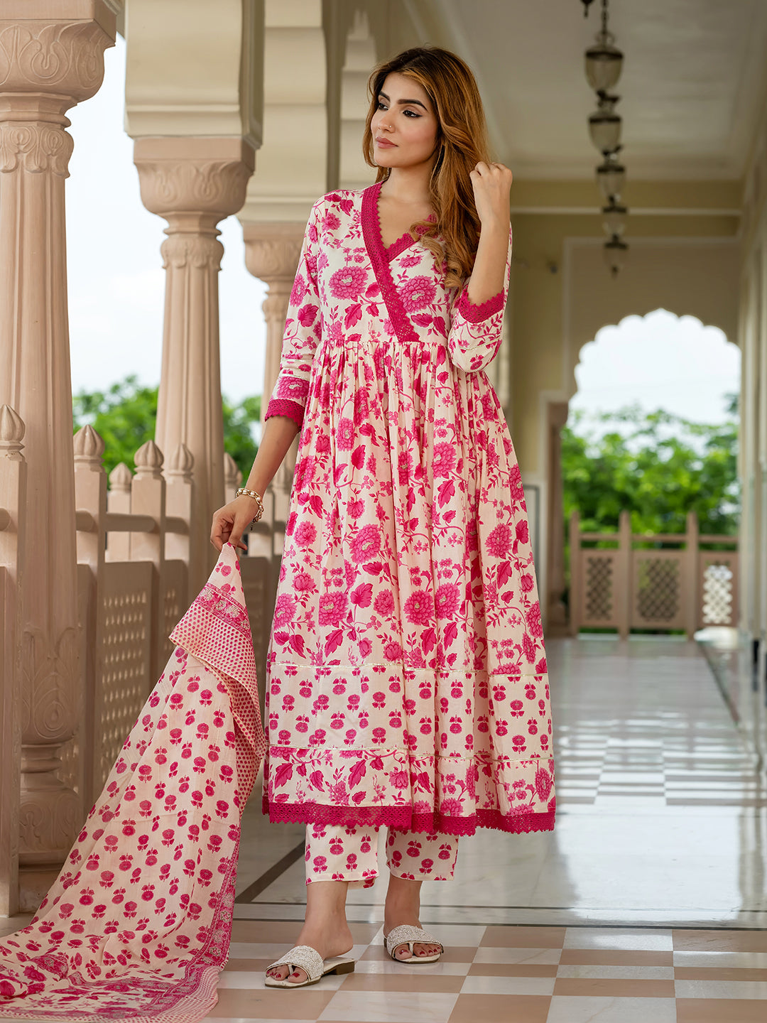 Jaitpuriya Women Pink And Cream Pure Cotton Anarkali Kurta Bottom Dupatta set