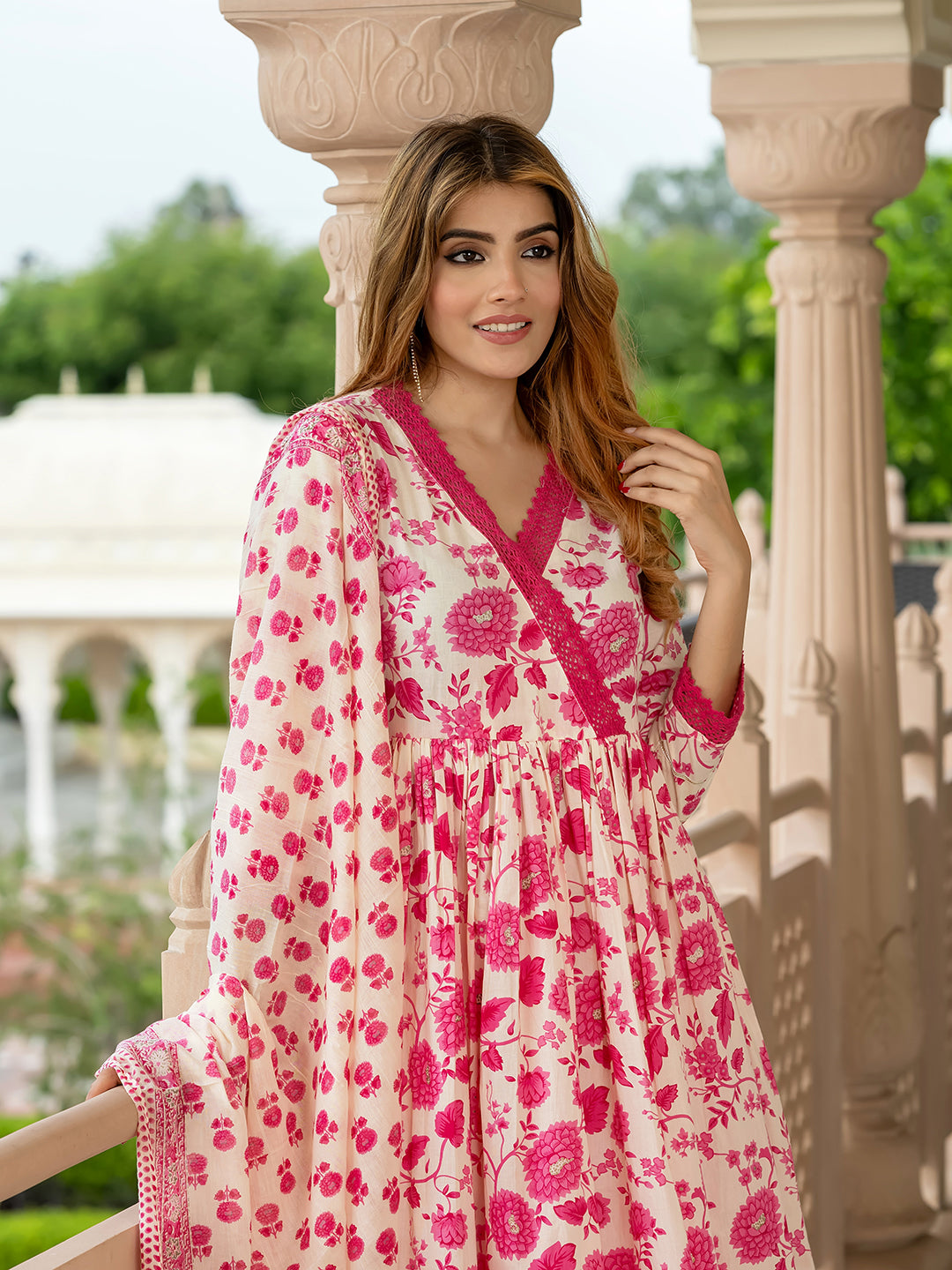 Jaitpuriya Women Pink And Cream Pure Cotton Anarkali Kurta Bottom Dupatta set