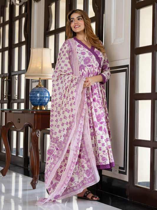 Jaitpuriya Women Purple And Cream Pure Cotton Anarkali Kurta Bottom Dupatta set