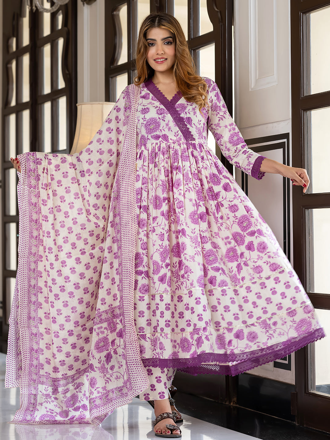 Jaitpuriya Women Purple And Cream Pure Cotton Anarkali Kurta Bottom Dupatta set