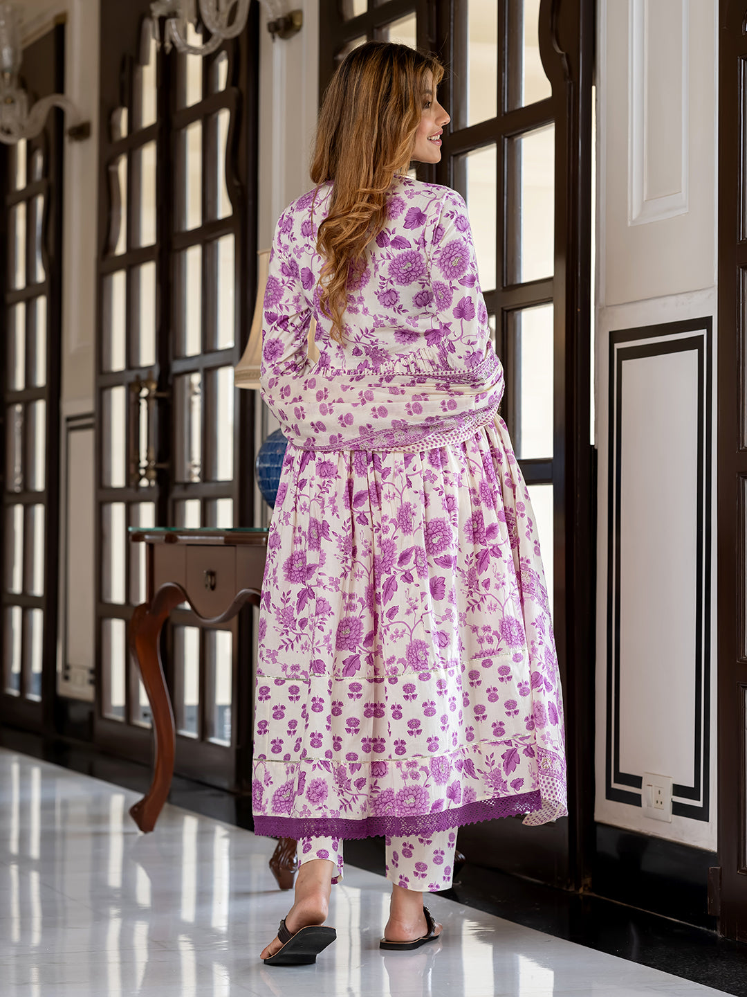 Jaitpuriya Women Purple And Cream Pure Cotton Anarkali Kurta Bottom Dupatta set
