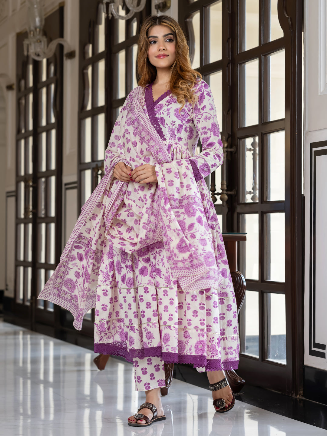 Jaitpuriya Women Purple And Cream Pure Cotton Anarkali Kurta Bottom Dupatta set