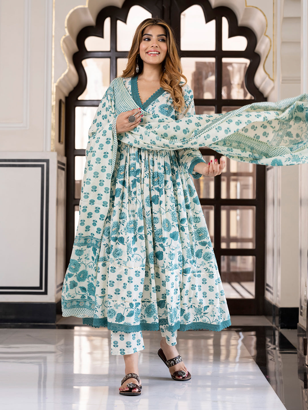 Jaitpuriya Women Teal Green And Cream Pure Cotton Anarkali Kurta Bottom Dupatta set