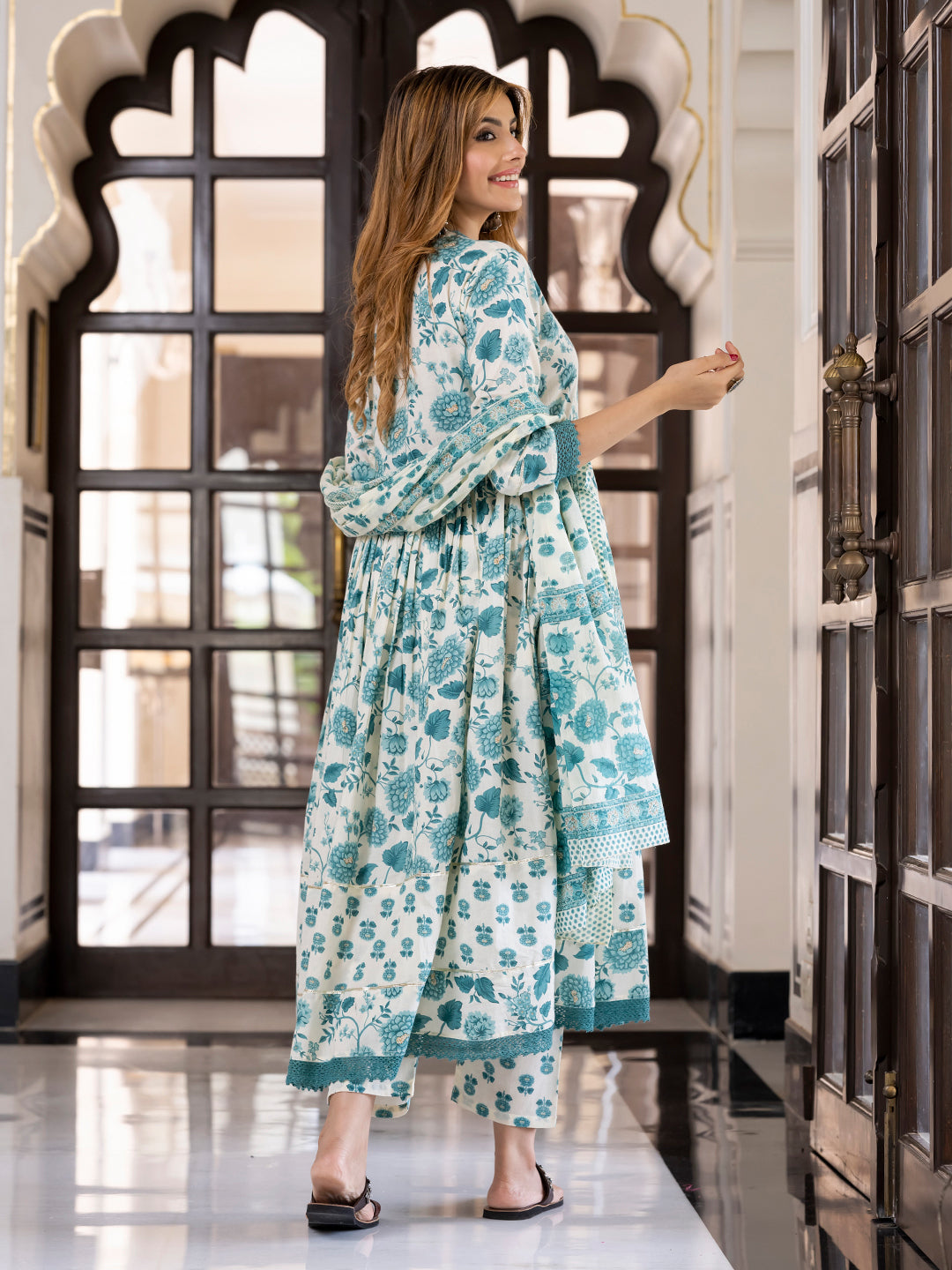 Jaitpuriya Women Teal Green And Cream Pure Cotton Anarkali Kurta Bottom Dupatta set