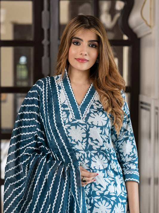 Jaitpuriya Women Teal Blue And Off White Pure Cotton Straight Kurta Bottom Dupatta set