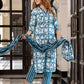 Jaitpuriya Women Teal Blue And Off White Pure Cotton Straight Kurta Bottom Dupatta set