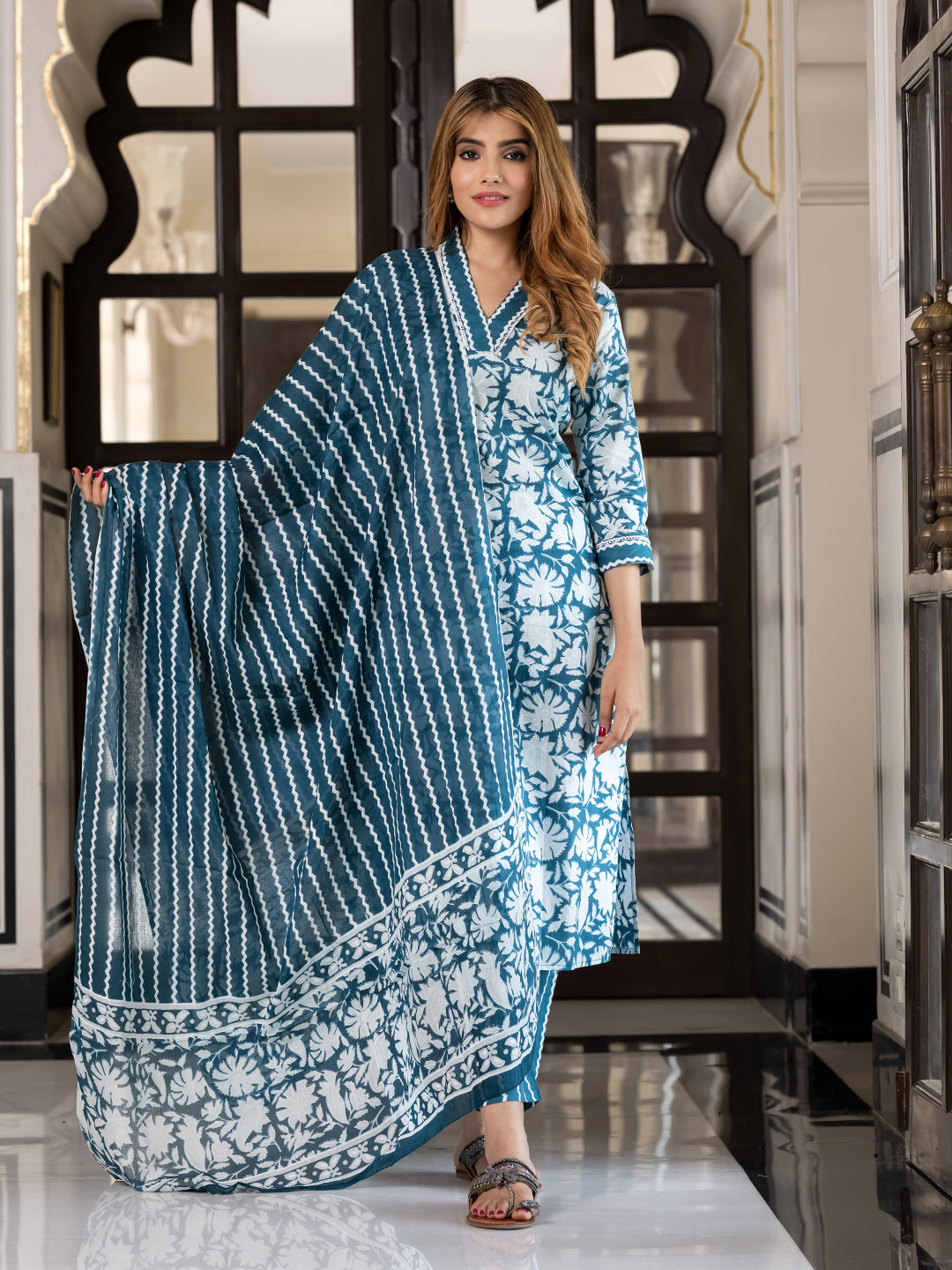 Jaitpuriya Women Teal Blue And Off White Pure Cotton Straight Kurta Bottom Dupatta set