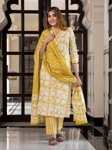 Jaitpuriya Women Mustard And Off White Pure Cotton Straight Kurta Bottom Dupatta set