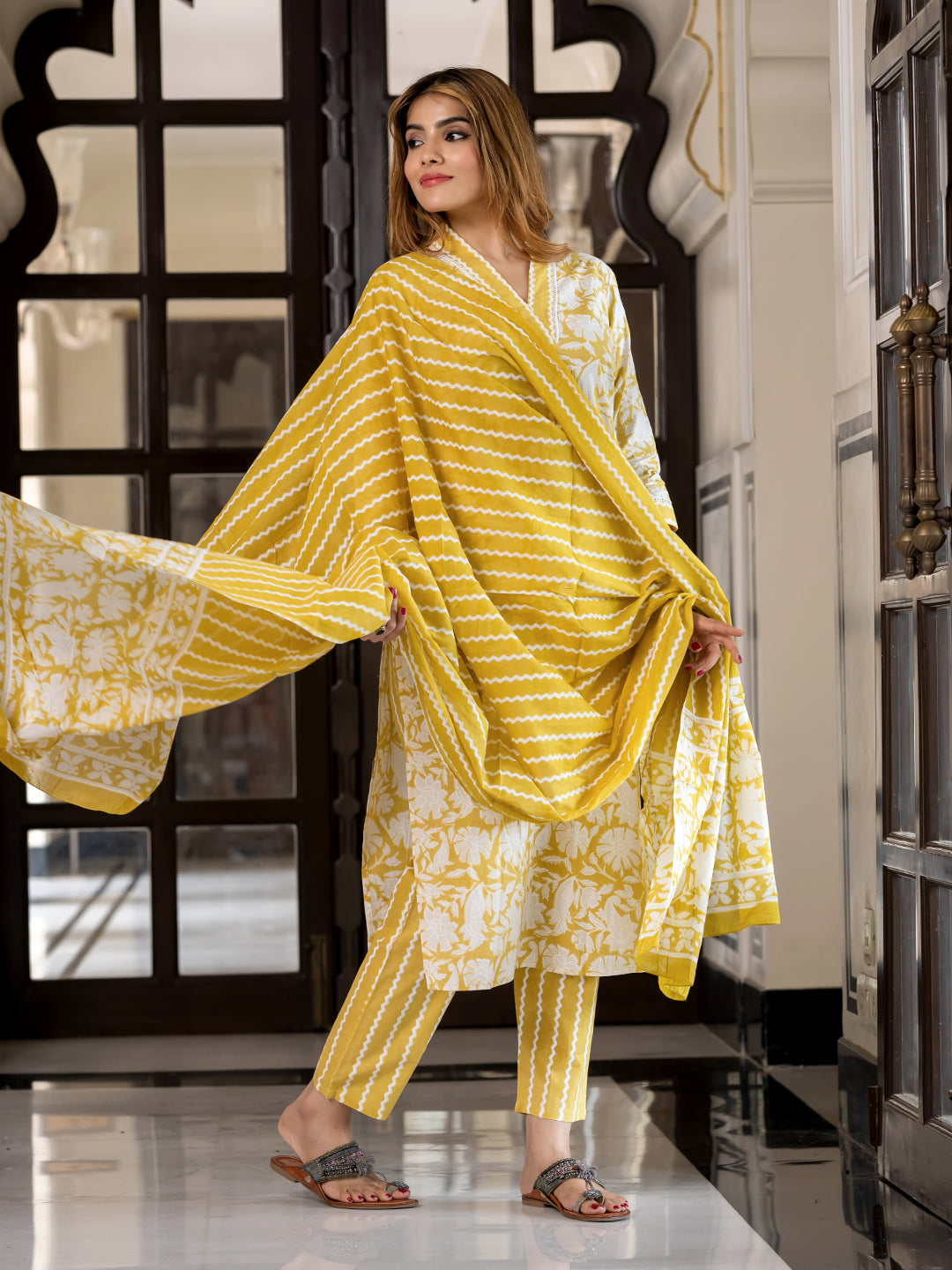 Jaitpuriya Women Mustard And Off White Pure Cotton Straight Kurta Bottom Dupatta set