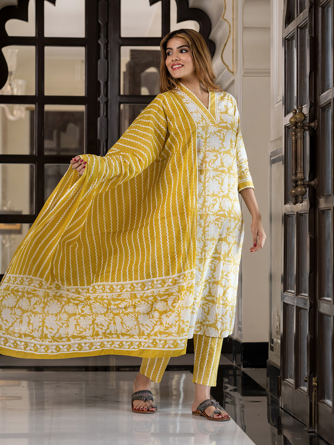 Jaitpuriya Women Mustard And Off White Pure Cotton Straight Kurta Bottom Dupatta set