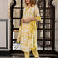 Jaitpuriya Women Mustard And Off White Pure Cotton Straight Kurta Bottom Dupatta set