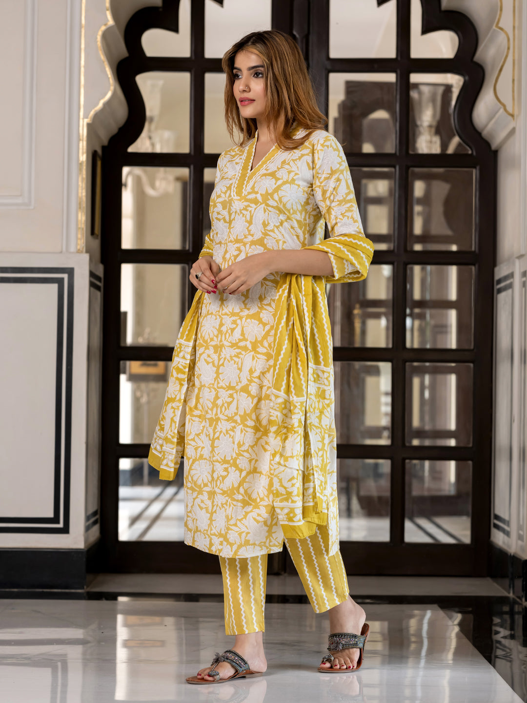 Jaitpuriya Women Mustard And Off White Pure Cotton Straight Kurta Bottom Dupatta set